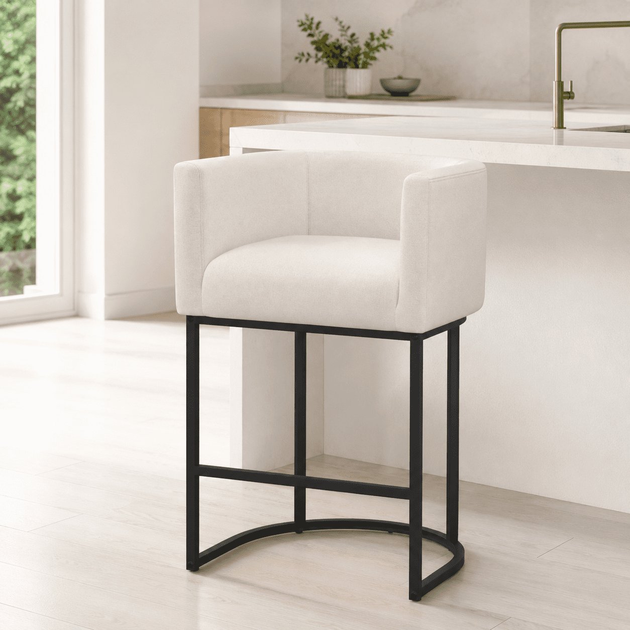 ClinQ Counter Height Bar Stool Set of 1, 26 in Fabric Upholstered Seat, Metal Legs for Indoor Dining Room and Kitchen Island, Beige