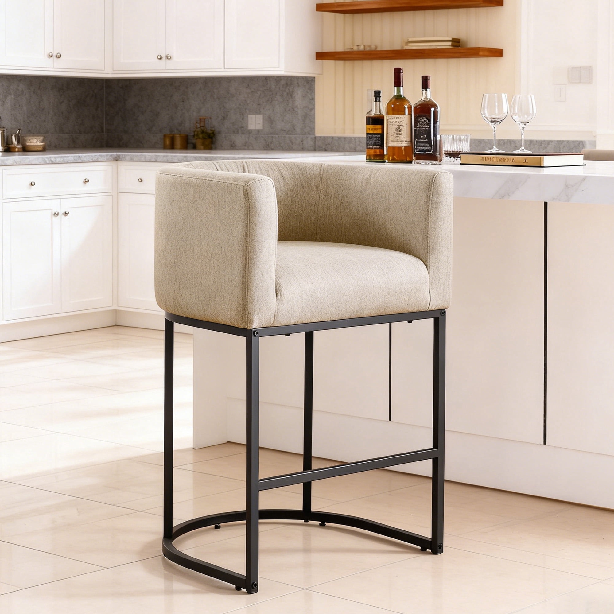 ClinQ Counter Height Bar Stool Set of 1, 26 in Fabric Upholstered Seat, Metal Legs for Indoor Dining Room and Kitchen Island, Camel