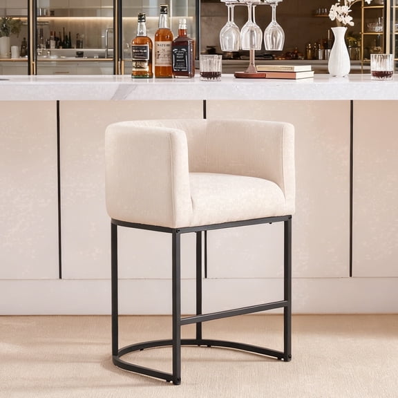 ClinQ Counter Height Bar Stool Set of 1, 26 inch Fabric Upholstered Seat, Metal Legs for Indoor Dining Room and Kitchen Island, Linen