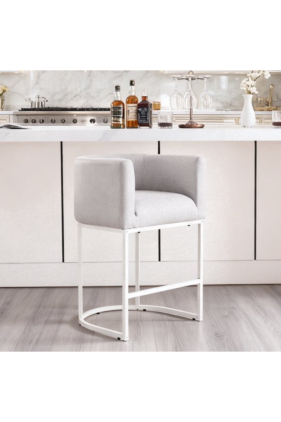 ClinQ Counter Height Bar Stool Set of 1, 26 inch Fabric Upholstered Seat, Metal Legs for Indoor Dining Room and Kitchen Island, Lightgrey & White Leg
