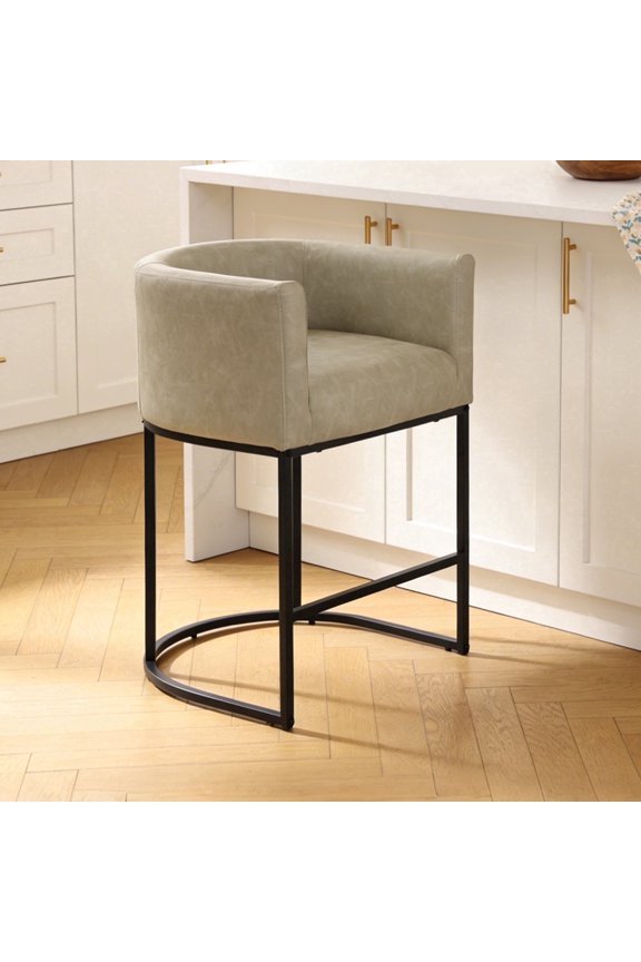 ClinQ 26" Counter Height Bar Stools Set Of 1, PU Leather Barrel Stools With Back And Arms For Kitchen Island, Gray