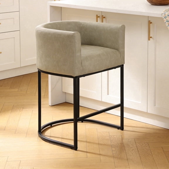 ClinQ 26" Counter Height Bar Stools Set Of 1, PU Leather Barrel Stools With Back And Arms For Kitchen Island, Gray