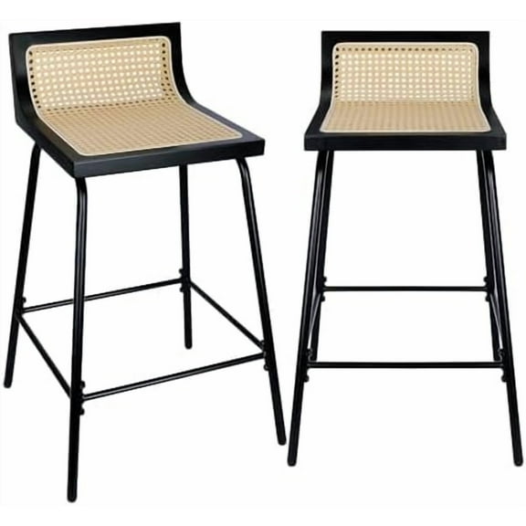 Counter Height Bar Stools Set of 2, 24 Inch Boho Rattan Bar Stool Mid Century Modern Dining Chair Metal Bar Chairs Wicker Counter Stools for Kitchen Black$$Furniture