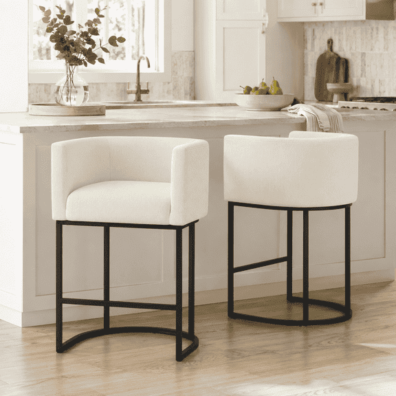 ClinQ Counter Height Bar Stool Set of 2, 26 in Fabric Upholstered Seat for Indoor Dining Room and Kitchen Island, Metal Legs, Beige
