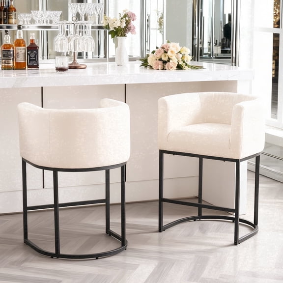 ClinQ Counter Height Bar Stool Set of 2, 26 inch Fabric Upholstered Seat, Metal Legs for Indoor Dining Room and Kitchen Island, Beige