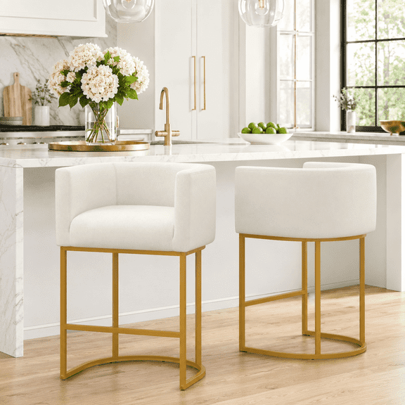 ClinQ Counter Height Bar Stool Set of 2, 26 in Fabric Upholstered Seat, Metal Legs for Indoor Dining Room and Kitchen Island, Beige & Golden Leg