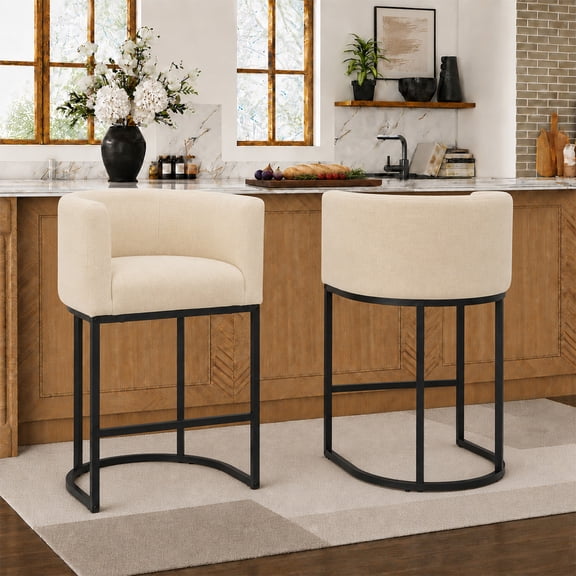 ClinQ Counter Height Bar Stool Set of 2, 26 in Fabric Upholstered Seat, Metal Legs for Indoor Dining Room and Kitchen Island, Camel