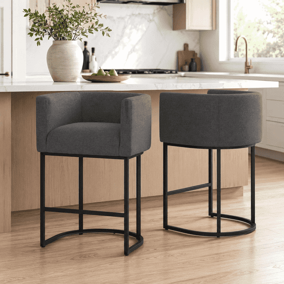 ClinQ Counter Height Bar Stool Set of 2, 26 in Fabric Upholstered Seat, Metal Legs for Indoor Dining Room and Kitchen Island, Darkgray