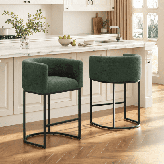 ClinQ Counter Height Bar Stool Set of 2, 26 in Fabric Upholstered Seat, Metal Legs for Indoor Dining Room and Kitchen Island, Green