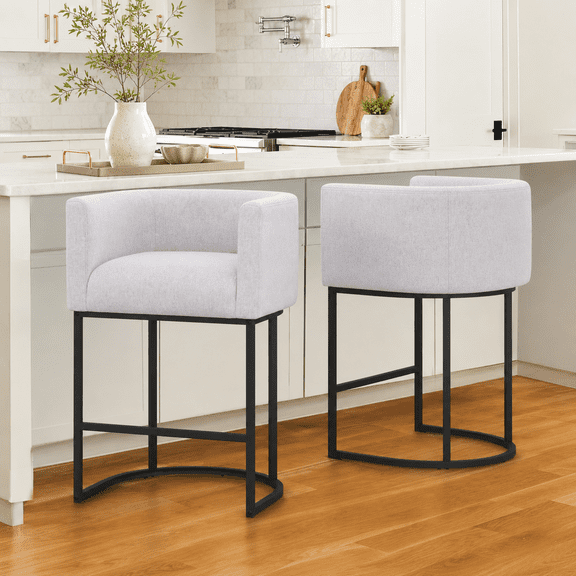 ClinQ Counter Height Bar Stool Set of 2, 26 in Fabric Upholstered Seat, Metal Legs for Indoor Dining Room and Kitchen Island, Lightgrey