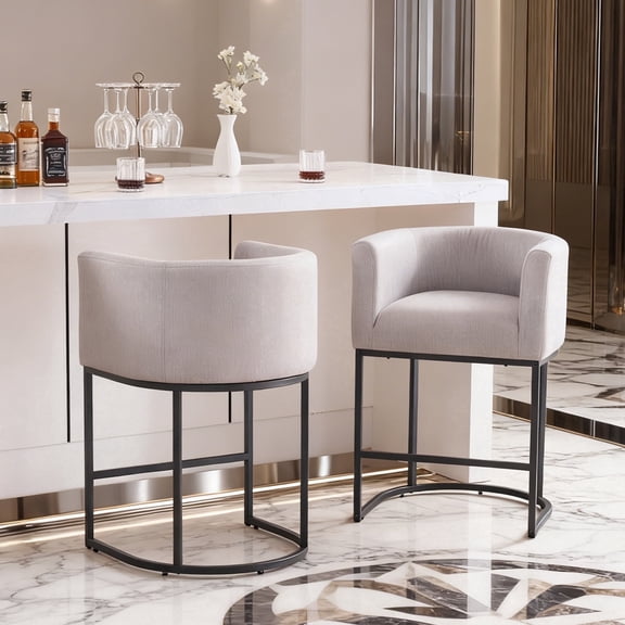 ClinQ Counter Height Bar Stool Set of 2, 26 in Fabric Upholstered Seat, Metal Legs for Indoor Dining Room and Kitchen Island, Lightgrey