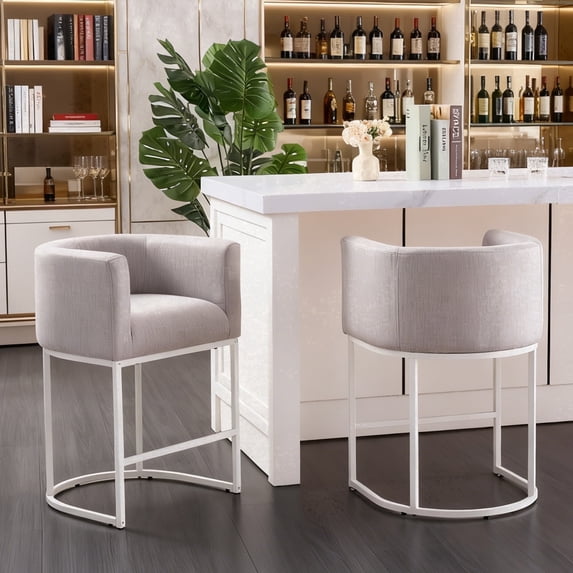 ClinQ Counter Height Bar Stool Set of 2, 26 in Fabric Upholstered Seat, Metal Legs for Indoor Dining Room and Kitchen Island, Lightgrey & White Leg