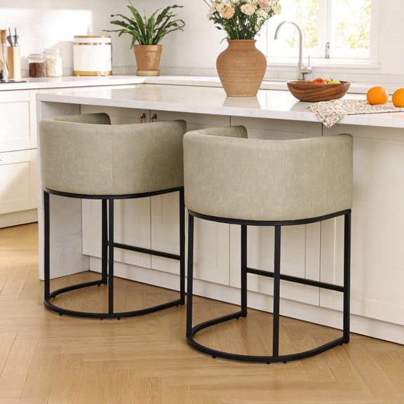 ClinQ 26" Counter Height Bar Stools Set Of 2, PU Leather Barrel Stools With Back And Arms For Kitchen Island, Gray