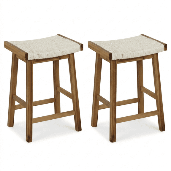 Seaweed Woven Seat Bar Stools Set of 2, 25.5 Inch Tall Rubber Wood Frame, Backless Counter Height Chairs with Footrests for Kitchen Island Dining Room