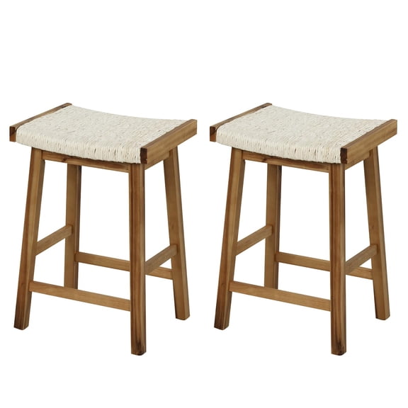 Seaweed Woven Seat Bar Stools Set of 2, 25.5 Inch Tall Rubber Wood Frame, Backless Counter Height Chairs with Footrests for Kitchen Island Dining Room