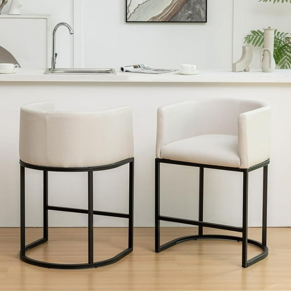 Counter Height Bar Stools Set of 2, 25" H Modern Barstools with Backrest, Barrel Counter Stools with Metal Frames, Linen Fabric Upholstered Bar Stool for Kitchen Island, Cafe (Beige)