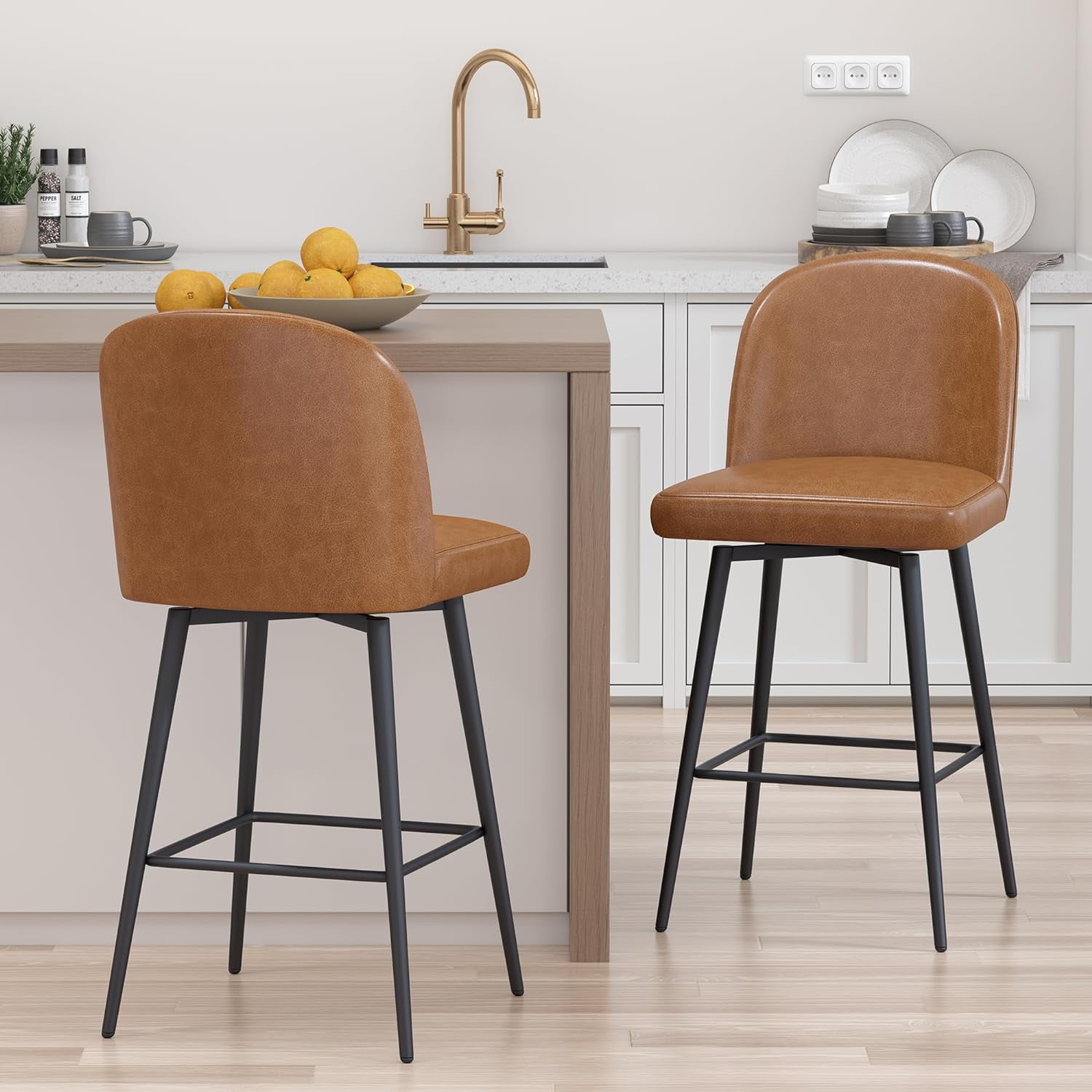 Counter Height Bar Stools Set of 2, 26" Height 360°Swivel Upholstered
