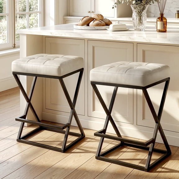 Counter Height Bar Stools Set of 2, 26" Backless Upholstered Barstools with Button Tufted Faux Leather Seat, Metal X-Frame Legs and Footrest, Mid-Century Modern, White