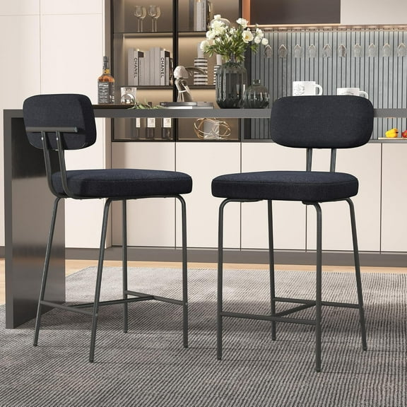 Counter Height Bar Stools Set of 2, 26" Black Fabric Kitchen Counter Stools with Backs, Metal Legs, Footrest and Wide Seat, Bar Chairs for Kitchen Island