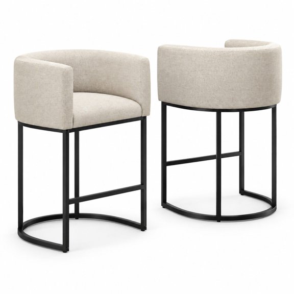 Counter Height Bar Stools Set of 2, 26" Modern Barrel with Backrest & Armrests, Linen Fabric Accent Seating for Kitchen Island, 450 Lbs Capacity (Beige)