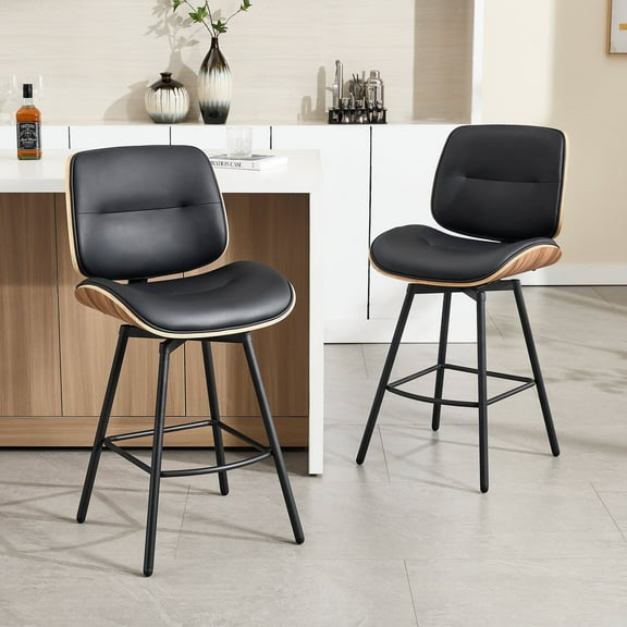 Counter Height Bar Stools Set of 2, 26" Swivel PU Leather Upholstered Bar Stools with Walnut Backs and Metal Legs, Retro Counter Stools for Kitchen Island, Dining Room, Pub, Black