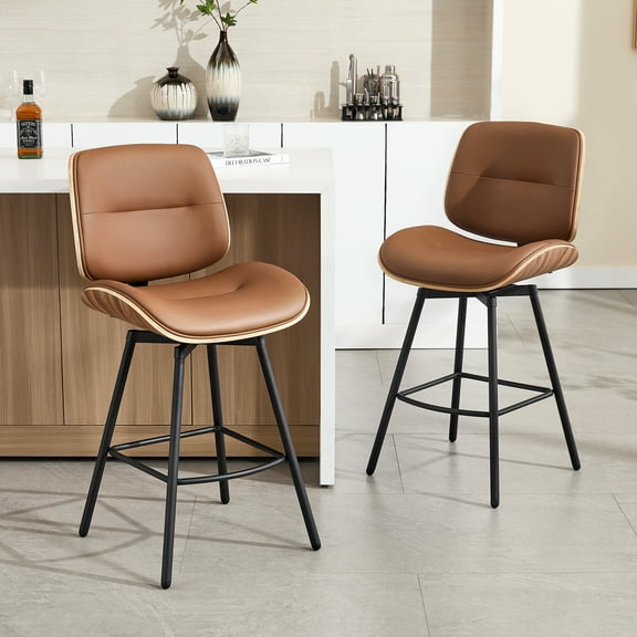 Counter Height Bar Stools Set of 2, 26" Swivel PU Leather Upholstered Bar Stools with Walnut Backs and Metal Legs, Retro Counter Stools for Kitchen Island, Dining Room, Pub, Brown