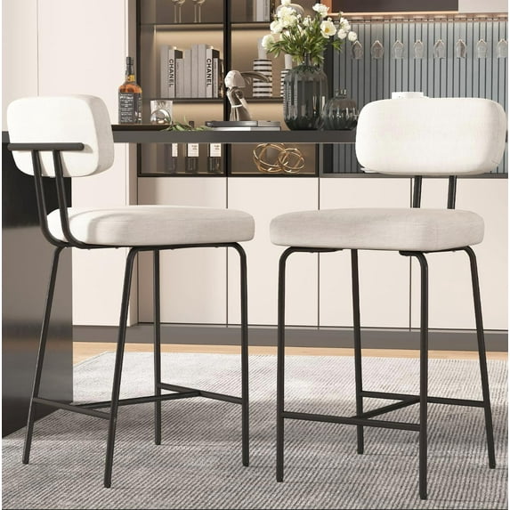Counter Height Bar Stools Set of 2, 26" White Fabric Kitchen Counter Stools with Backs, Metal Legs, Footrest and Wide Seat, Bar Chairs for Kitchen Island
