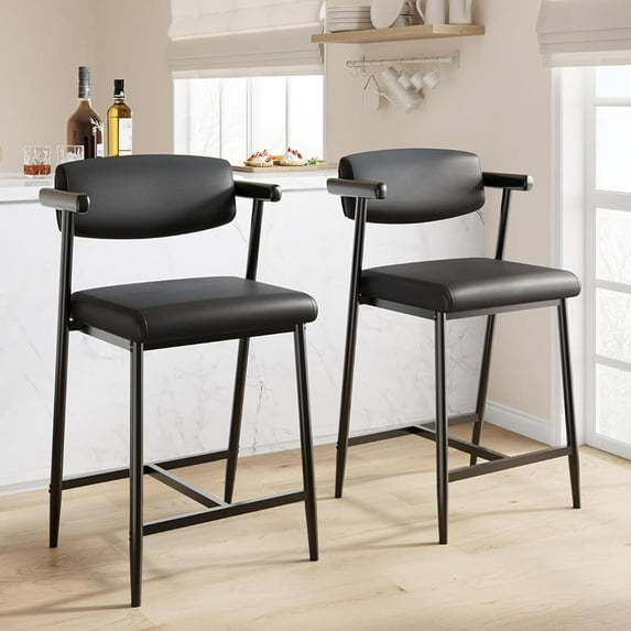 Counter Height Bar Stools Set of 2,26 inch Leather Barstools Modern Bar Stools with Back,Counter Stool Arm Bar Chairs with Arms,Footrest for Kitchen Island Counter Bar