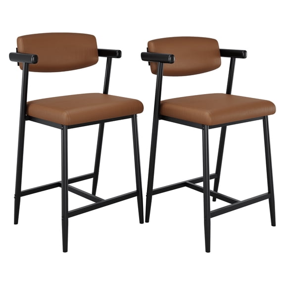 Counter Height Bar Stools Set of 2 with Arms, Upholstered Barstool with Back & Footrest, Soft Wider Seat, Modern Metal Bar Stools Set for Kitchen Island, Bar, Easy Assembly, Coffee Brown