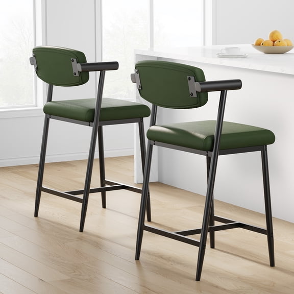 Counter Height Bar Stools Set of 2 with Arms, Upholstered Barstool with Back & Footrest, Soft Wider Seat, Modern Metal Bar Stools Set for Kitchen Island, Bar, Easy Assembly, Rustic Green