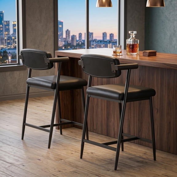 Counter Height Bar Stools Set of 2 with Back and Armrests, 25.59 Inch PU Leather Upholstered Bar Chairs, Metal Base Dining Chairs with Footrest for Kitchen Island Home Bar, Black