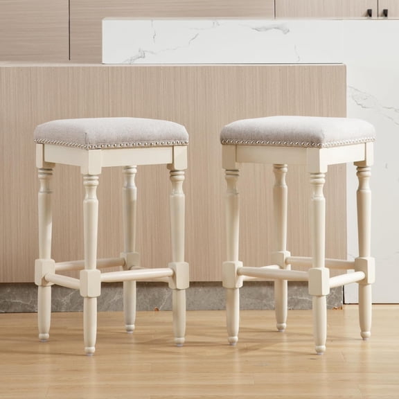 Counter Height Bar Stools Set of 2 Backless Wooden Counter Stools with Nailhead Trim Seat 26" Height Bar Stools for Kitchen Island/Patio/Balcony, Grey Fabric with White Legs