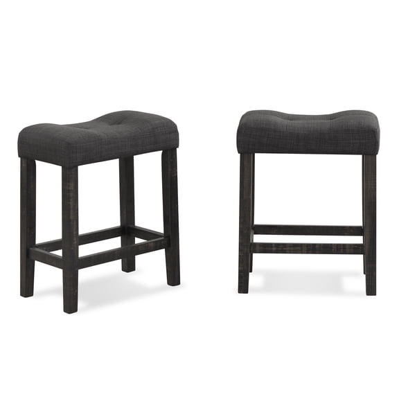 Counter Height Bar Stools, Set of 2, Button Tufted Saddle Seats with Footrests, Solid Rubberwood Frame, Upholstered Fabric, Gray, 18.5"W x 11.8"D x 24"H, for Kitchen and Dining Room