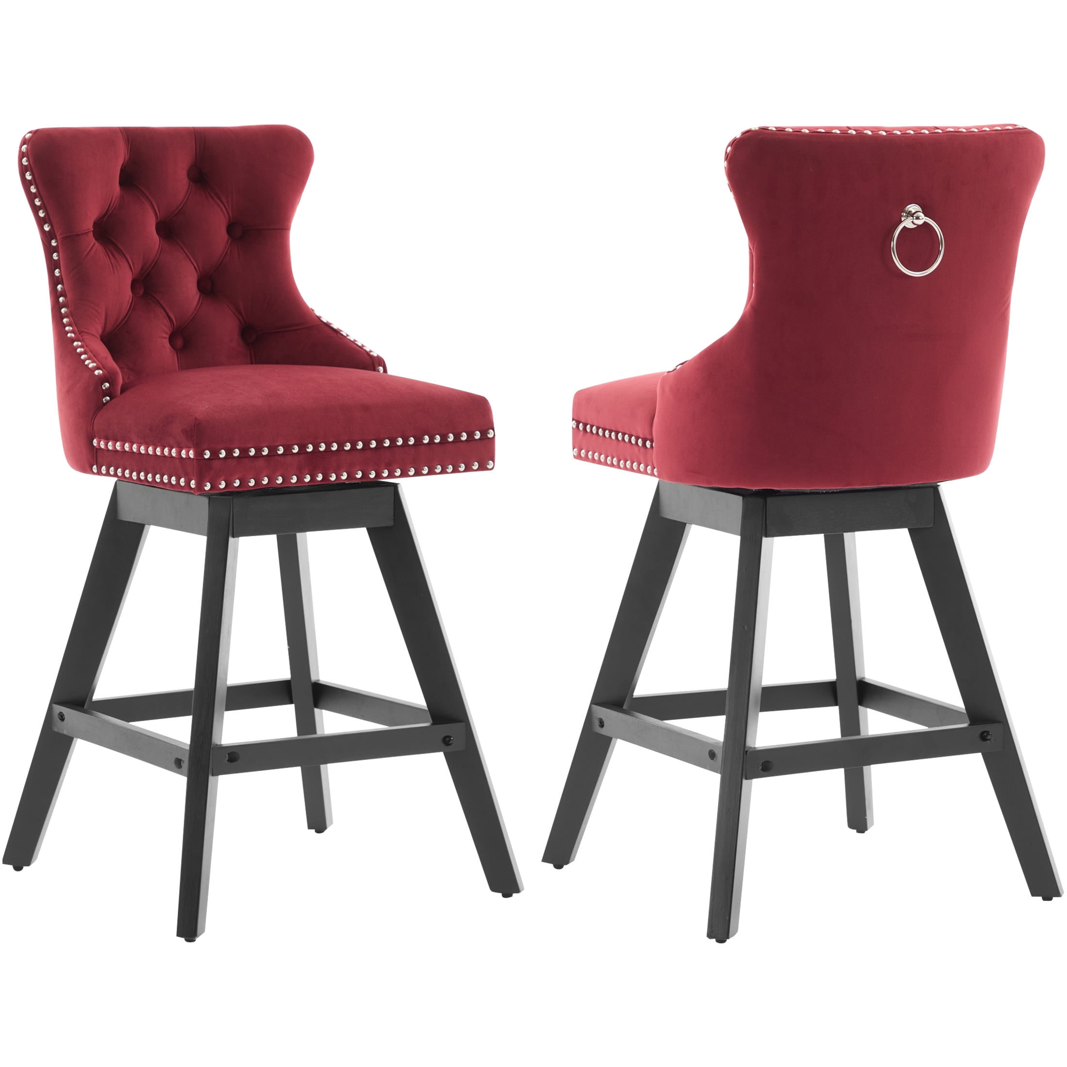 Swivel Bar Stools Set of 2, Velvet Counter Height Bar Stools with Back, Swivel Dining Chair with Button Tufted and Wooden Legs, Kitchen Chair Counter Stools for Kitchen Island Kitchen Counter, Red