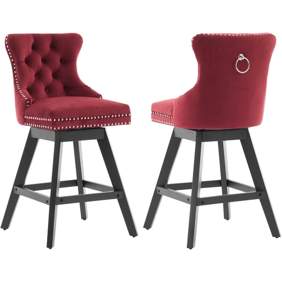 Swivel Bar Stools Set of 2, Velvet Counter Height Bar Stools with Back, Swivel Dining Chair with Button Tufted and Wooden Legs, Kitchen Chair Counter Stools for Kitchen Island Kitchen Counter, Red