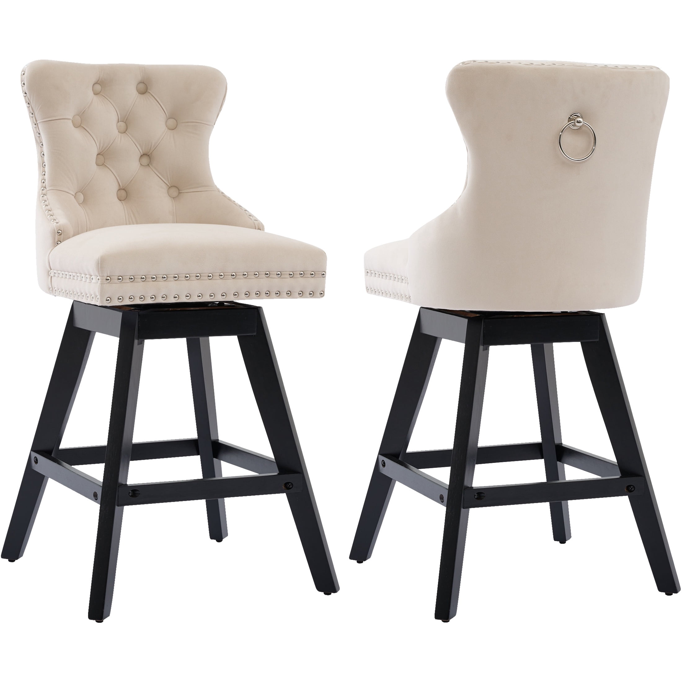 Swivel Bar Stools Set of 2, Velvet Counter Height Bar Stools with Back, Swivel Dining Chair with Button Tufted and Wooden Legs, Kitchen Chair Counter Stools for Kitchen Island Kitchen Counter, Beige