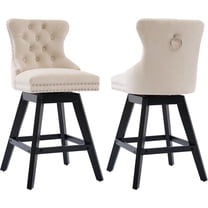 Swivel Bar Stools Set of 2, Velvet Counter Height Bar Stools with Back, Swivel Dining Chair with Button Tufted and Wooden Legs, Kitchen Chair Counter Stools for Kitchen Island Kitchen Counter, Beige