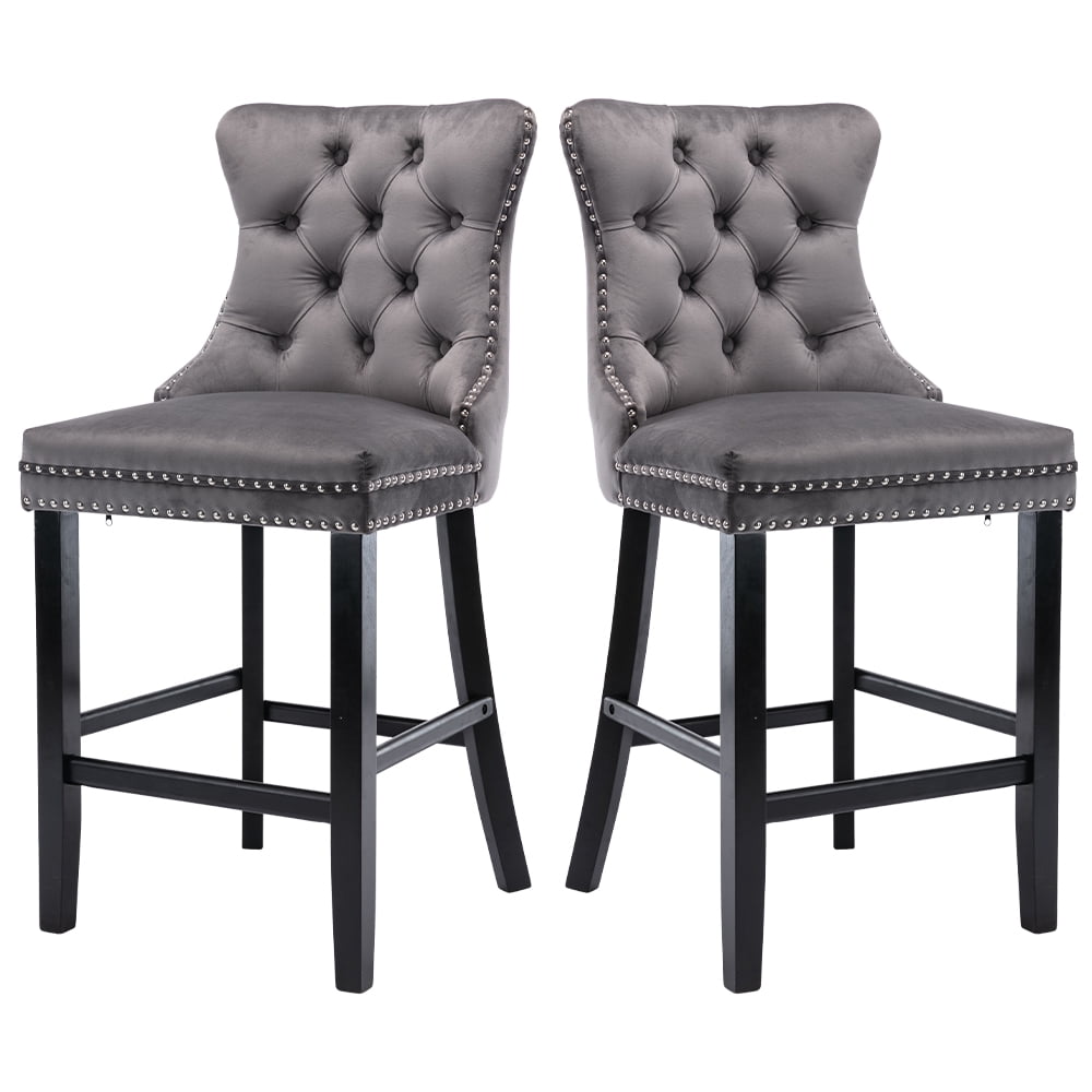 Gray Velvet Upholstered Wingback Barstools with Nailhead Trim