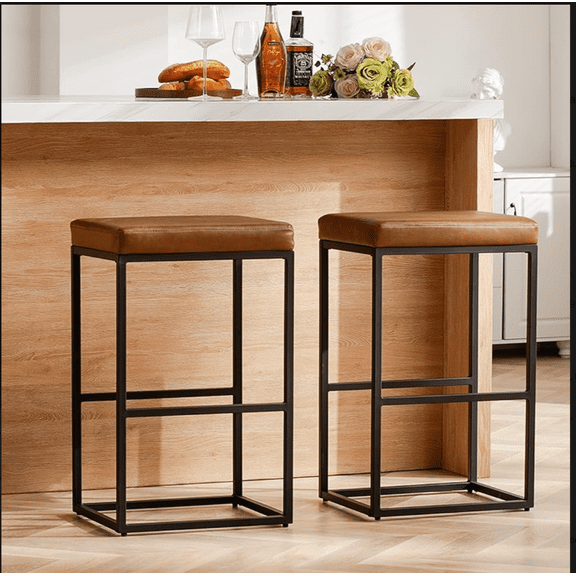 Counter Height Bar Stools Set of 2 for Kitchen Counter 30 Inch Backless Modern Barstools Industrial Upholstered Faux Leather Stools Farmhouse Island Chairs,Support 300 LBS,Brown