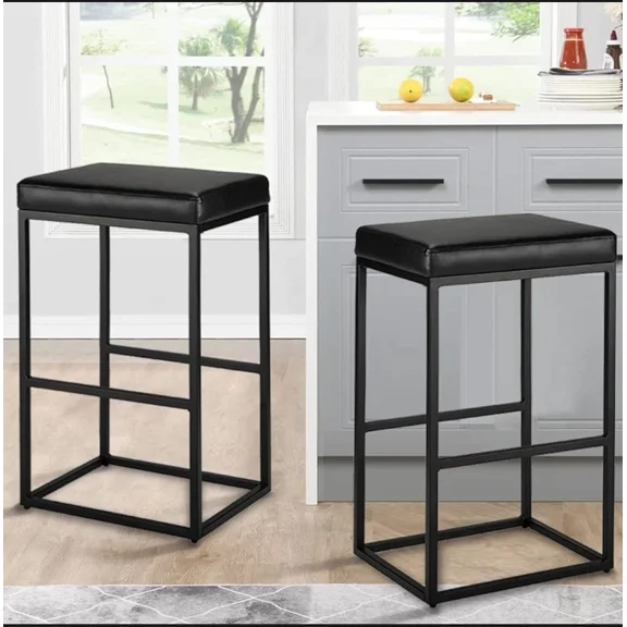 Counter Height Bar Stools Set of 2 for Kitchen Counter 30 Inch Backless Modern Barstools Industrial Upholstered Faux Leather Stools Farmhouse Island Chairs,Support 300 LBS,Black