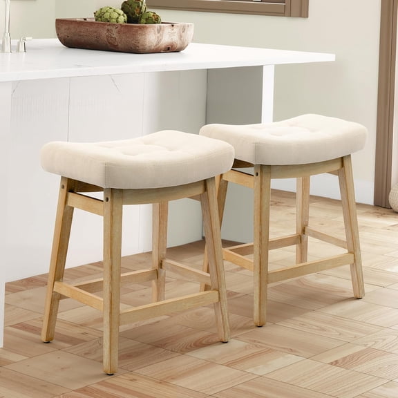 Counter Height Bar Stools Set of 2 for Kitchen Counter, Backless Farmhouse Island Short Barstools No Back with Padded Fabric Saddle Seat & Solid Wood Legs Modern 24 inch Counter Top Bar Chairs, Khaki