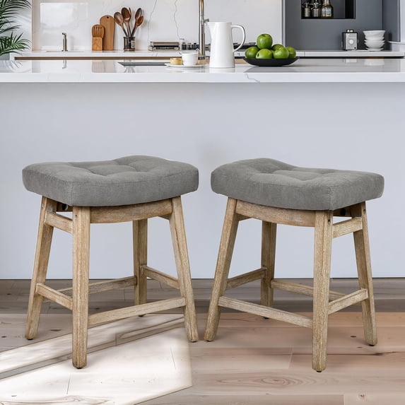 Counter Height Bar Stools Set of 2 for Kitchen Counter Farmhouse Modern Barstools with Upholstered Fabric Backless Seat and Solid Wood Legs 24 inch Bar Chairs, Grey + Wood Color