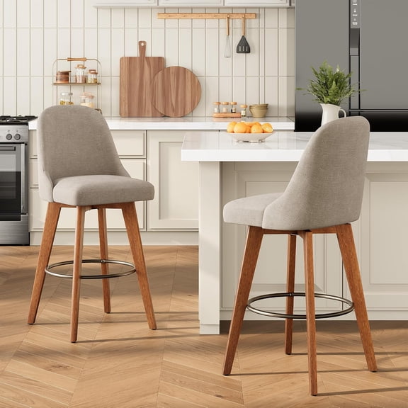 Counter Height Bar Stools Set of 2, Linen Fabric Upholstered Bar Chairs with Backs and Wood Legs, 360° Swivel Barstools, 26" Seat Height Counter Stools for Kitchen Island, Linen Sand