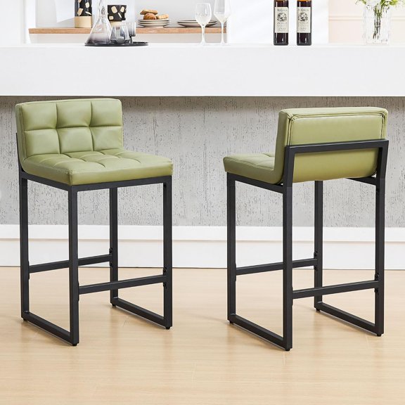 Counter Height Bar Stools Set of 2, Modern Faux Leather Counter Stools with Low Back and Footrest, Upholstered Bar Chairs for Kitchen Island, Bar (Avocado Green, 2Pcs 26" Counter Stools)