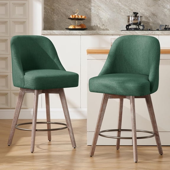 Counter Height Bar Stools Set of 2, Modern Mid-Century Swivel Barstools with Backs and Wood Legs, Linen Fabric Upholstered Bar Chairs, 26" Seat Height Counter Stools for Kitchen Island, Green