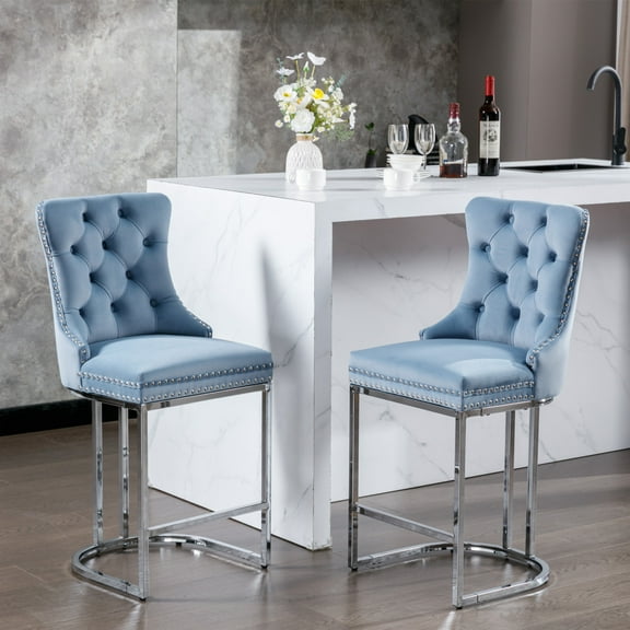 Counter Height Bar Stools Set of 2, Modern Velvet Bar Stools, Modern Upholstered Stools with Sturdy Metal Base Legs, Button Tufted and Nailheads Trim, Counter Bar Chairs for Pub (Light Blue)