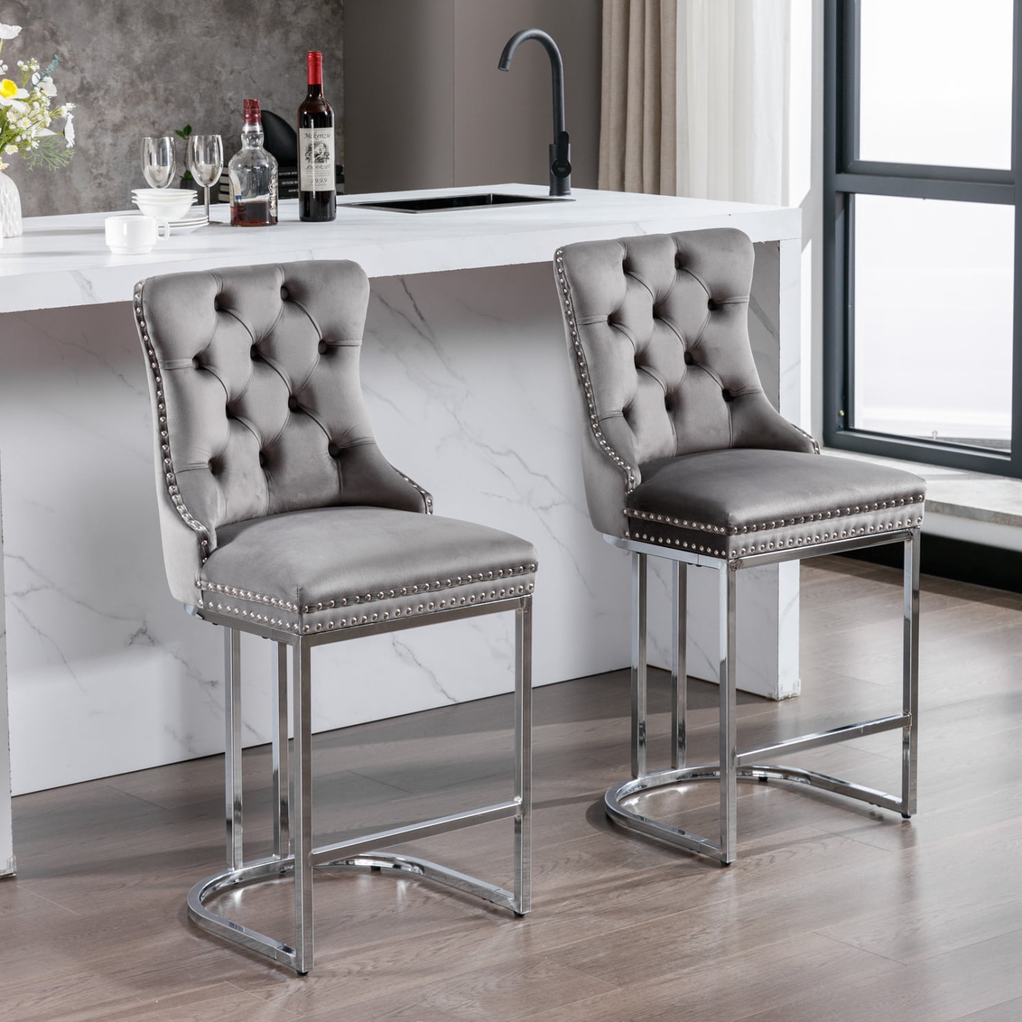 Counter Height Bar Stools Set of 2, Modern Velvet Barstools with Button ...