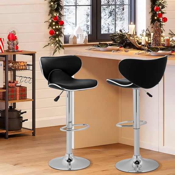 Counter Height Bar Stools Set of 2 PU Leather Height Adjustable Swivel Bar Chairs with Back and Chrome Steel Base for Kitchen Living Room Pub Coffee ,Black