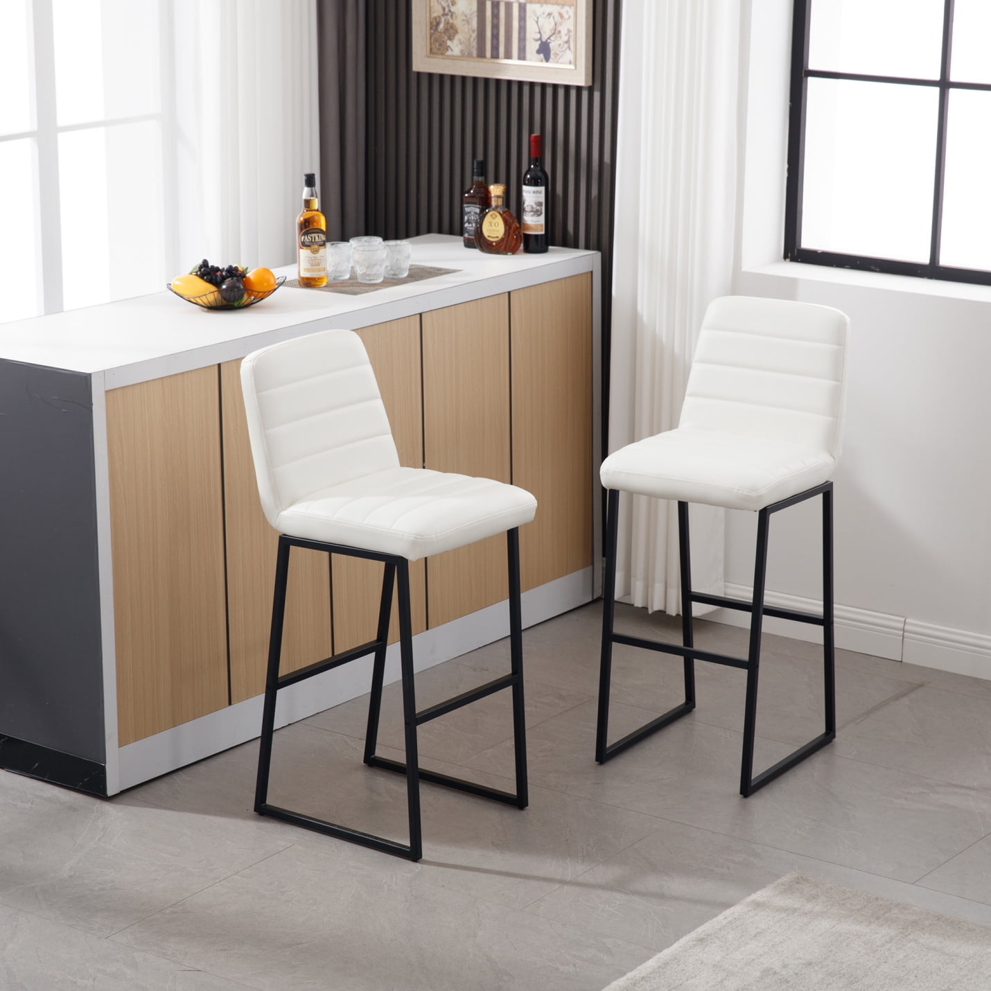 Counter Height Bar Stools Set of 2, PU Leather Kitchen Breakfast Bar