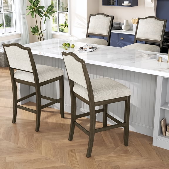 Counter Height Bar Stools Set of 2, Rustic Wood Bar Stools with Ergonomic Backrest, Rubber Wood Frame Kitchen Island Stools, Brown Modern Bar Stools for Dining Room